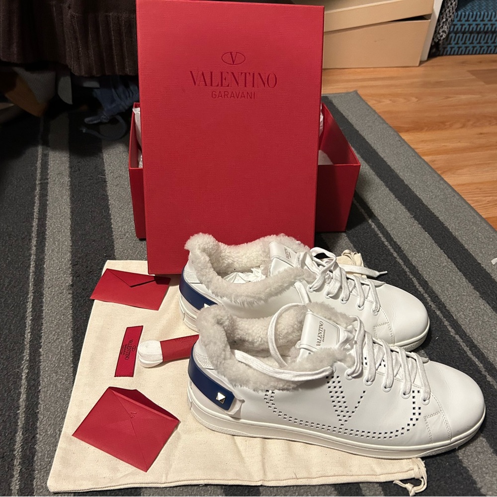 Authentic Valentino Garavani Perforated V Logo Leather + Shearling Trainers
